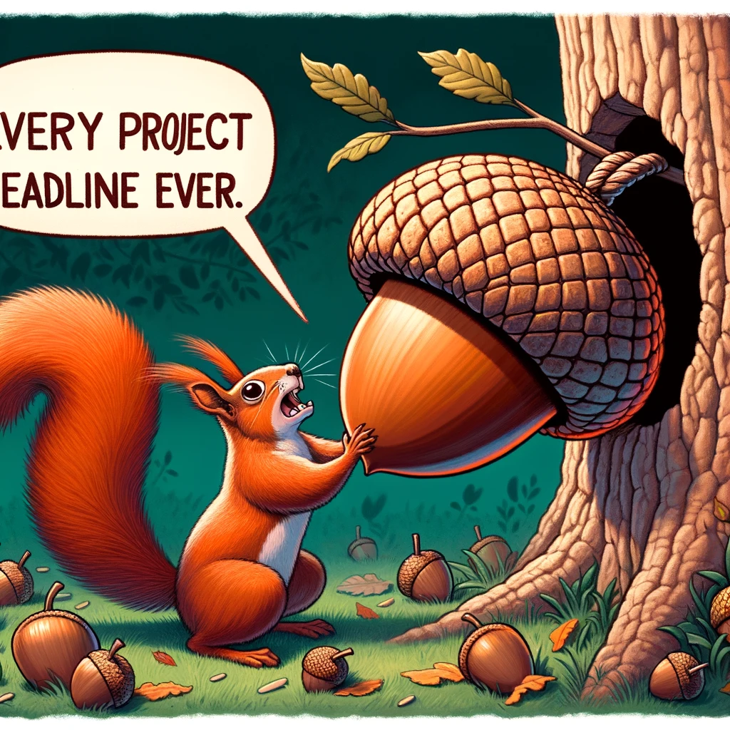 A frustrated squirrel trying to fit a giant acorn into a tiny hole in a tree, symbolizing trying to meet unrealistic deadlines. The caption reads: "Every project deadline ever."