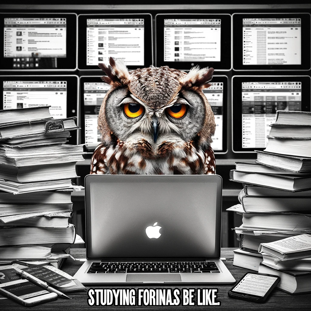 An exhausted owl in front of a laptop with dozens of browser tabs open, surrounded by piles of books and notes. The caption reads: "Studying for finals be like."