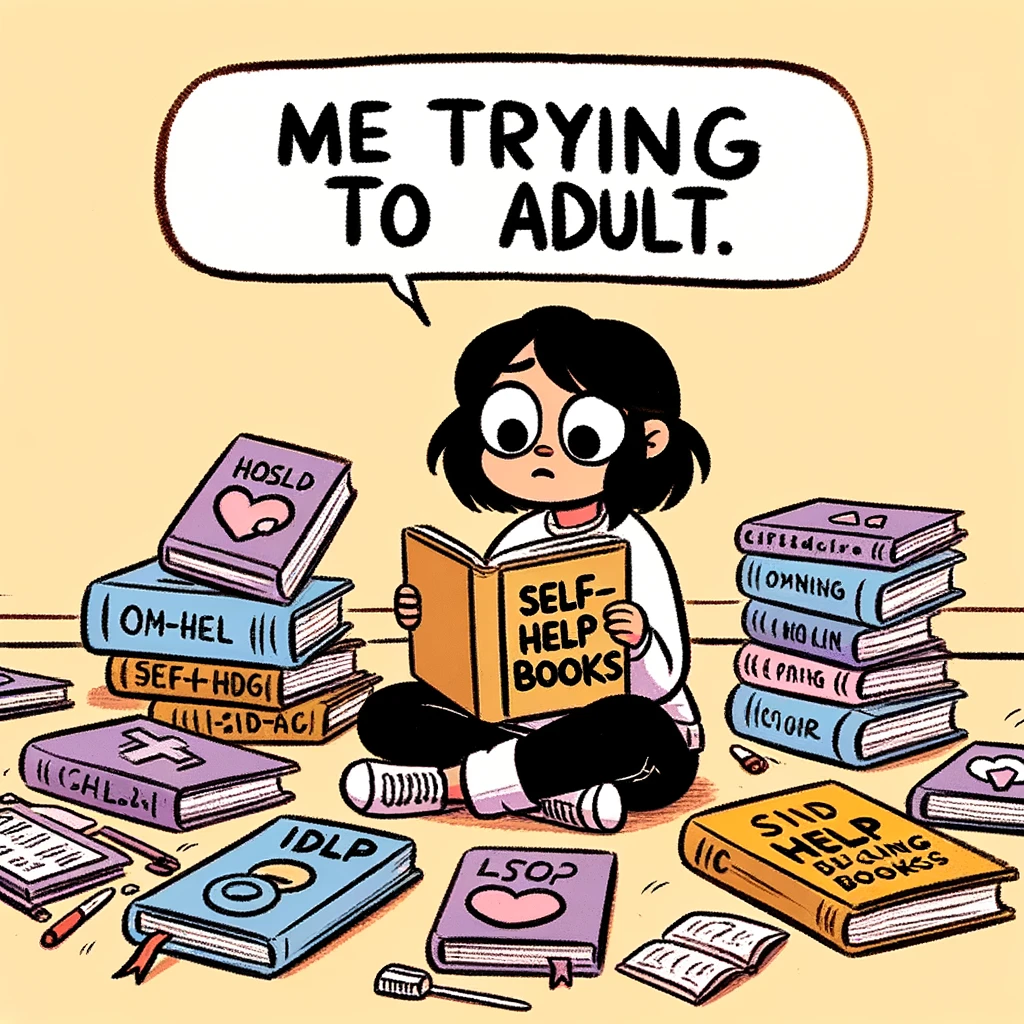 A cartoon person sitting on the floor surrounded by open self-help books, with a puzzled look on their face. The caption reads: "Me trying to adult."