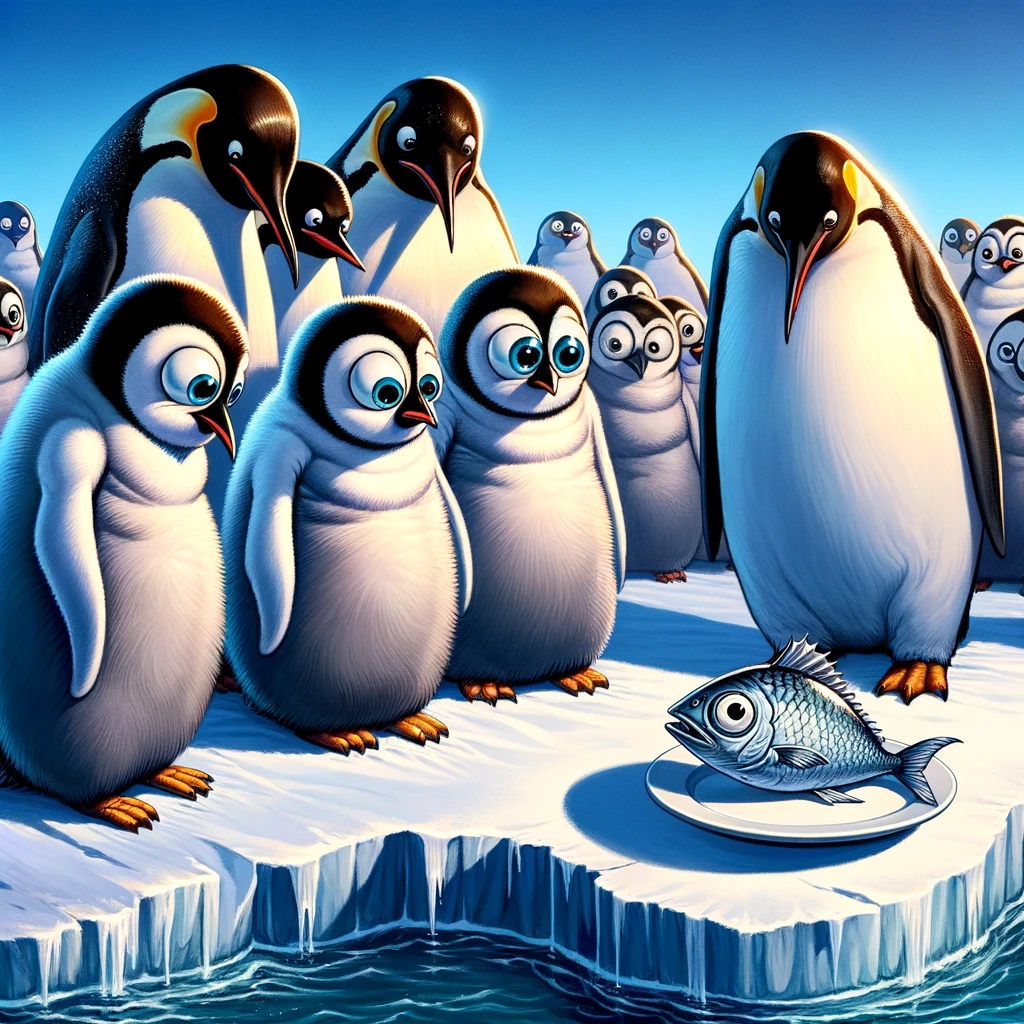 A group of penguins on an iceberg, all looking at one tiny fish on a plate with huge eyes. The caption reads: "When the budget doesn't match the project expectations."