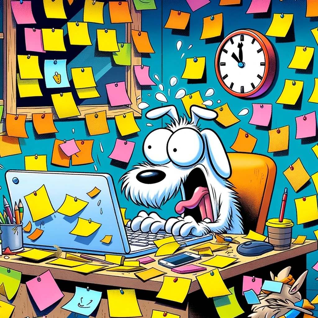 A cartoon dog typing frantically on a computer, surrounded by sticky notes, with a clock showing almost midnight. The caption reads: "The night before the deadline."