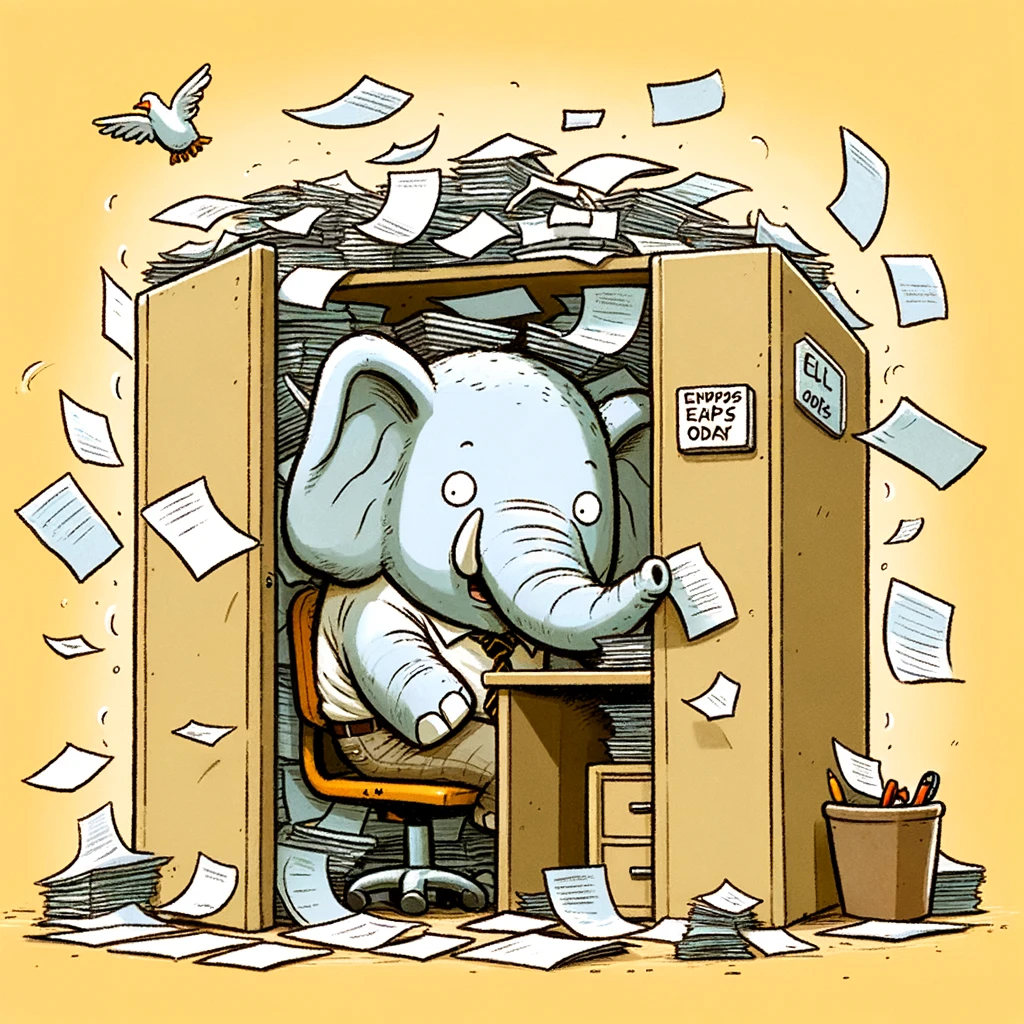 A cartoon elephant trying to squeeze into a tiny office cubicle, with papers flying everywhere. The caption reads: "Trying to fit all my tasks into one day."