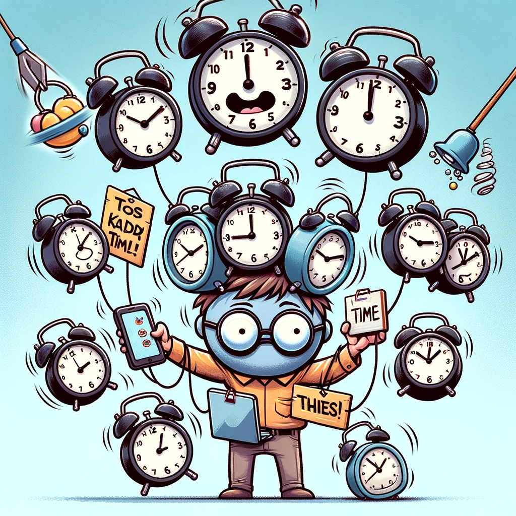 A cartoon character juggling several alarm clocks, each labeled with a different task, looking stressed. The caption reads: "Mastering the art of multitasking."