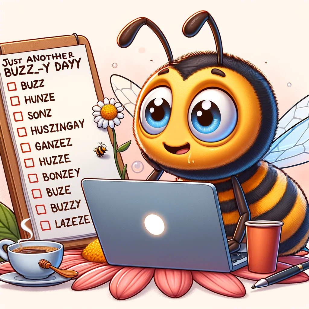 A tired bee sitting on a flower with a laptop, looking at a long to-do list with a cup of coffee that's almost empty. The caption reads: "Just another buzz-y day."