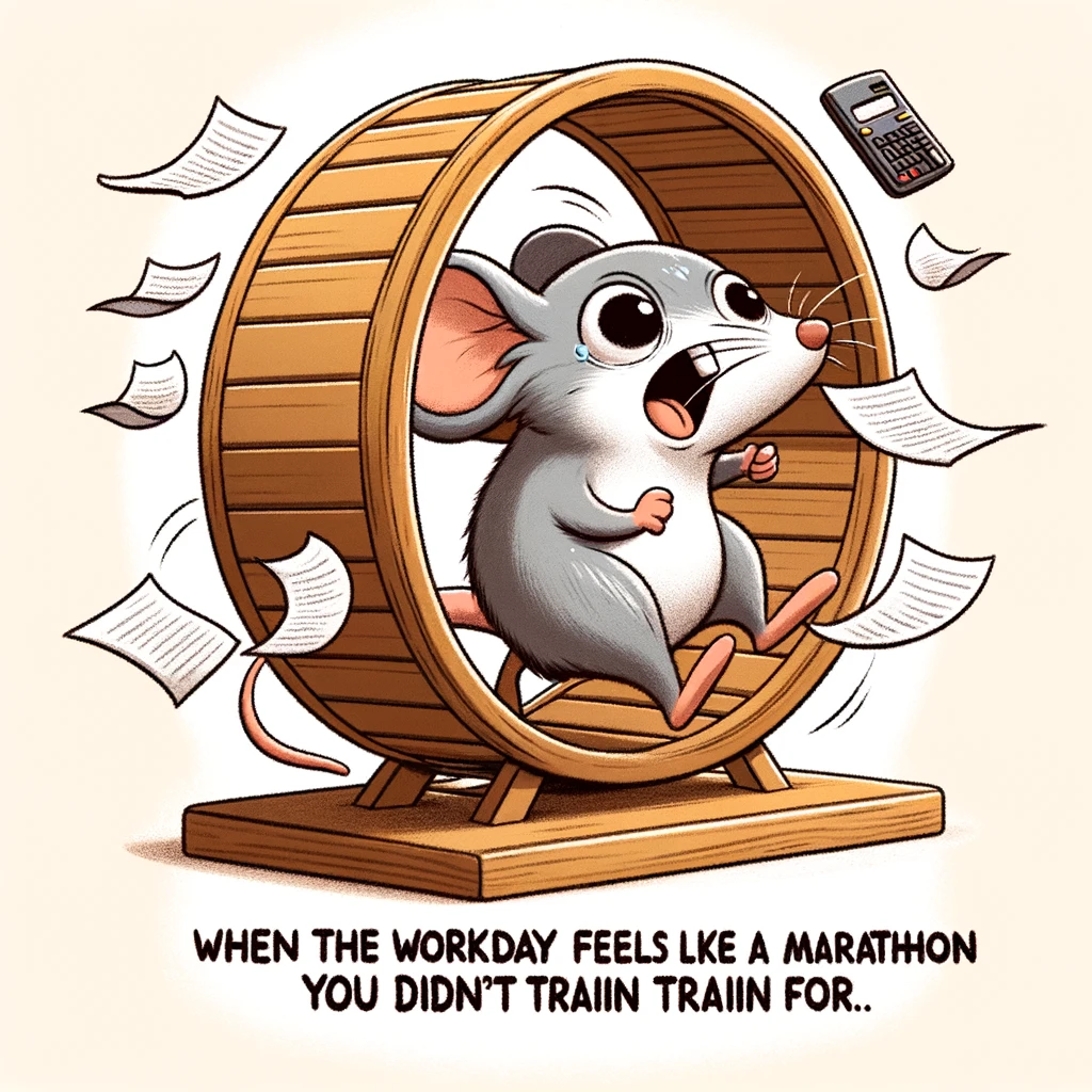 A cartoon mouse frantically running in a wheel, with papers and a calculator flying around, symbolizing the endless cycle of work. The caption reads: "When the workday feels like a marathon you didn't train for."