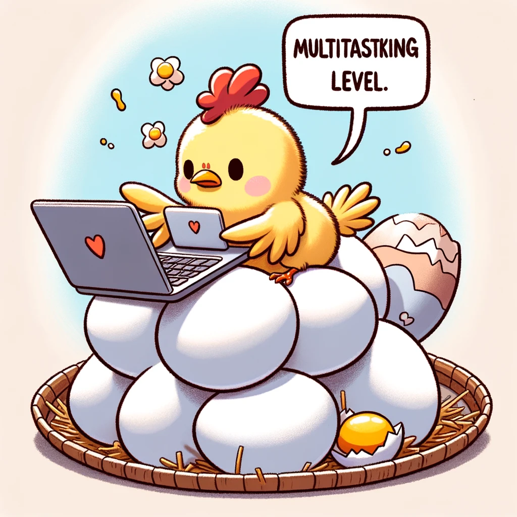 A cartoon chicken trying to type on a laptop while sitting on eggs, symbolizing the struggle of balancing work and family life. The caption reads: "Multitasking level: Expert."