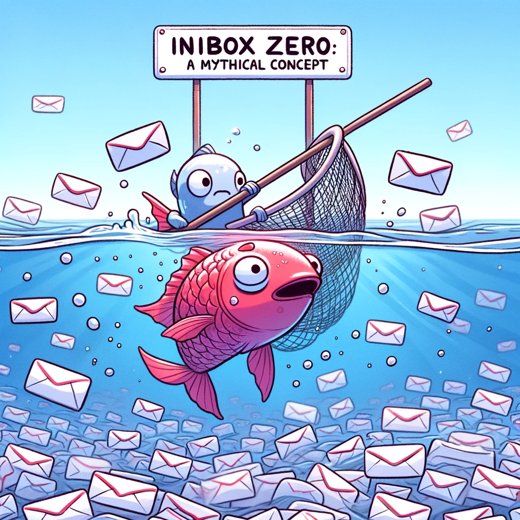 A cartoon fish swimming through a sea of emails, trying to catch a single important message with a net. The caption reads: "Inbox zero: A mythical concept."