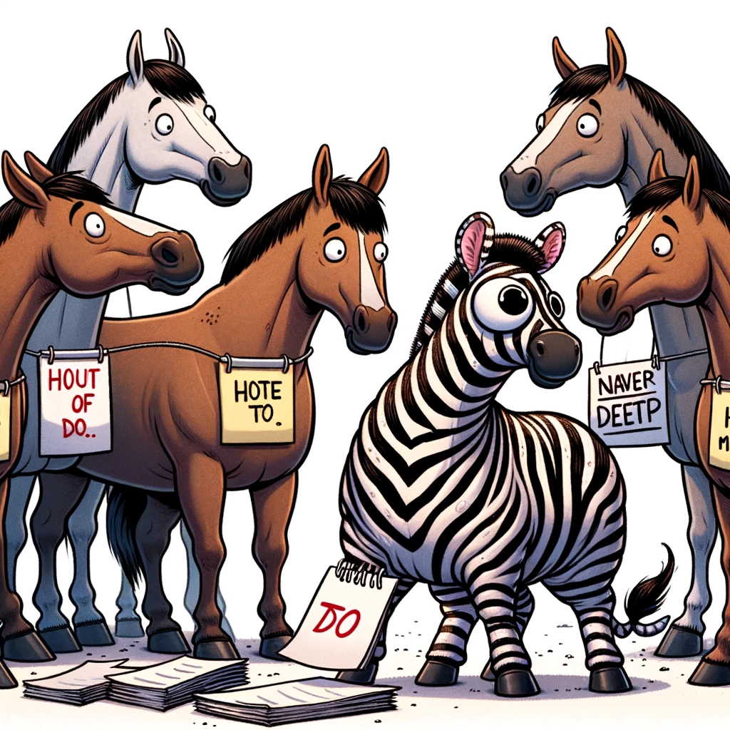 A cartoon zebra trying to blend in with horses, looking nervous. Papers labeled 'To-Do' are scattered around. The caption reads: "When you're out of your depth but still trying to fit in."