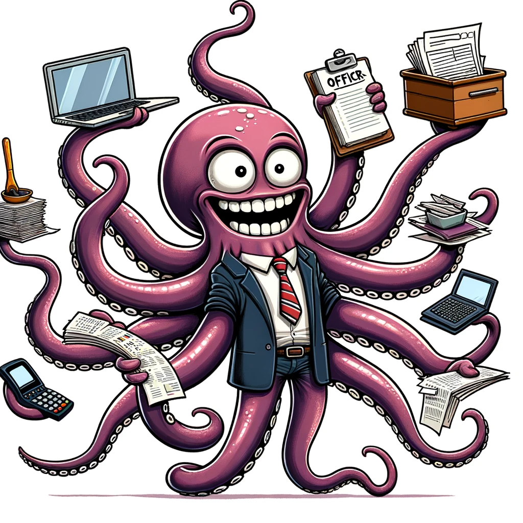 A cartoon octopus in office attire, using all its tentacles to handle different office gadgets and paperwork. The caption reads: "The ultimate multitasker."