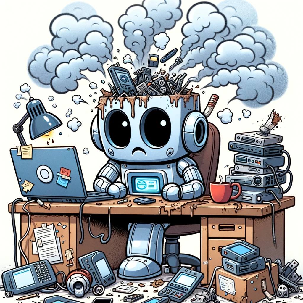 A cartoon robot sitting at a desk, surrounded by broken gadgets and steaming with smoke coming out of its head. The caption reads: "When technology is more of a problem than a solution."
