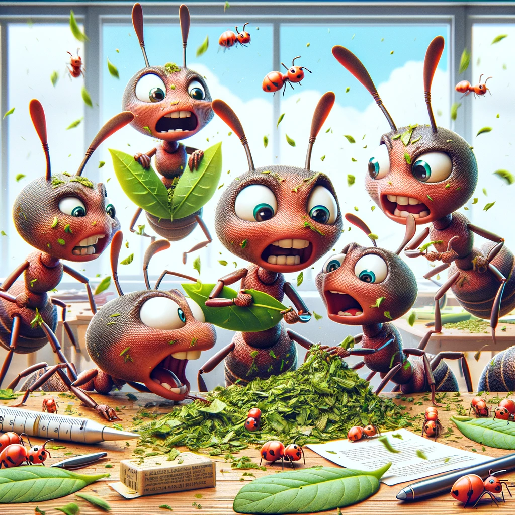 A group of cartoon ants frantically organizing tiny pieces of leaf and food on a desk, looking overwhelmed. The caption reads: "Teamwork in a high-pressure environment."