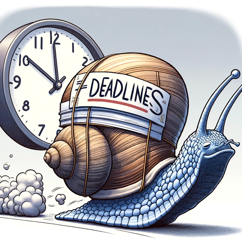 A cartoon snail carrying a heavy shell labeled 'Deadlines' racing against time, with a clock in the background showing 5 minutes to midnight. The caption reads: "Feeling the weight of deadlines."