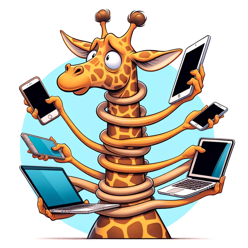 A cartoon giraffe with its neck tangled up, trying to manage several phones and computers at once. The caption reads: "When you're stretched too thin."