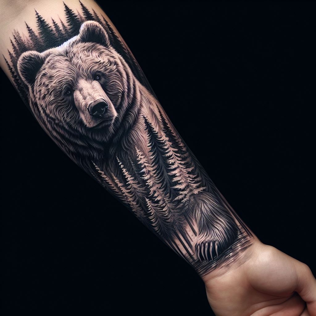 Envision a tattoo of a majestic bear standing tall amongst pine trees, its fur detailed with fine lines and shades to bring out its powerful stature. This tattoo wraps elegantly around the forearm, blending nature and wildlife in a harmonious design. Include intricate details such as the texture of the bear's fur and the pine needles, creating a realistic and dynamic representation that flows with the movement of the arm.