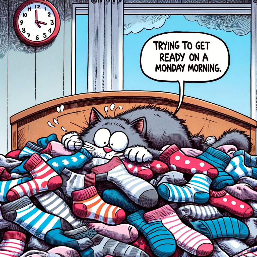 A cartoon cat frantically searching through a massive pile of socks, looking for its matching pair, with a clock ticking in the background. The caption reads: "Trying to get ready on a Monday morning."