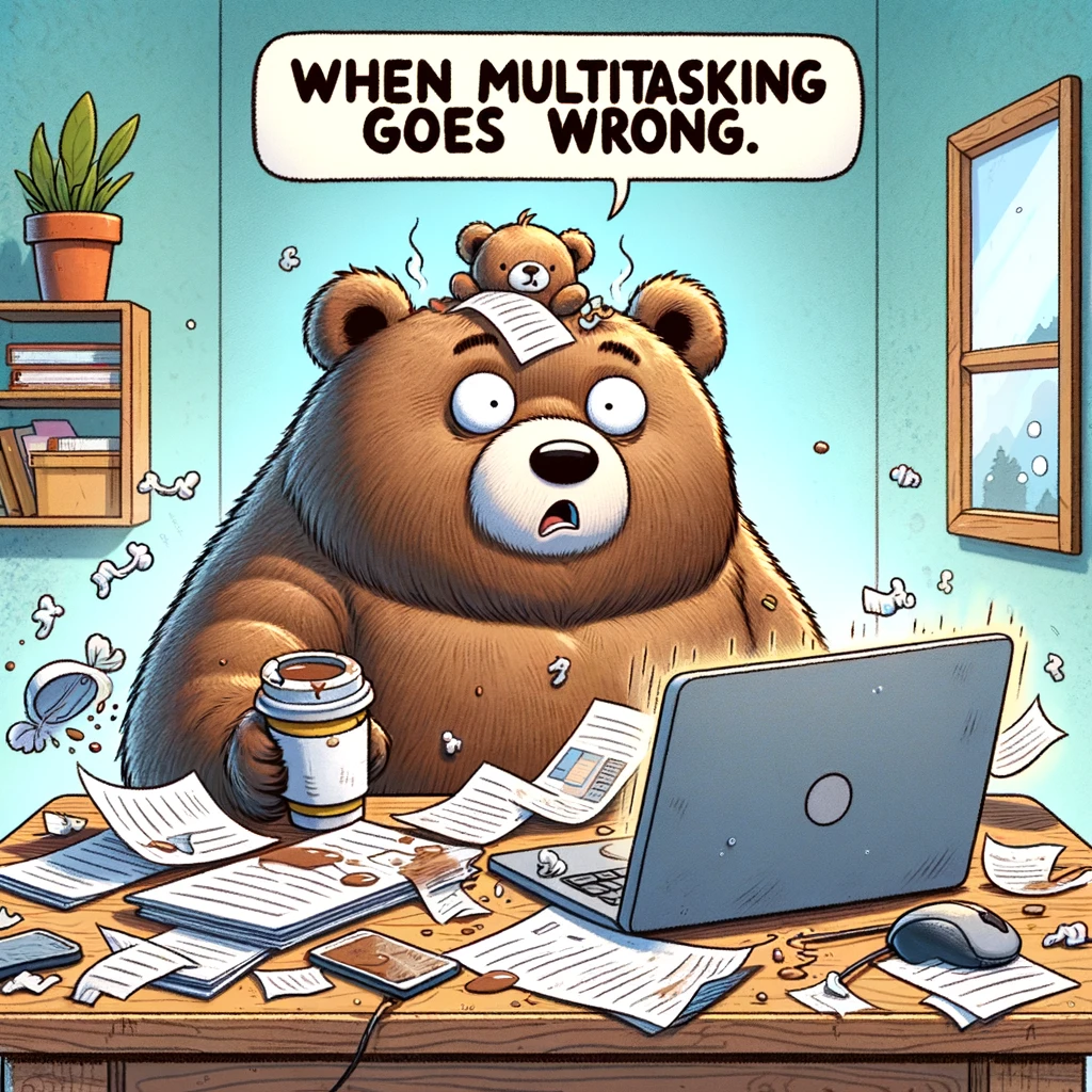 A cartoon bear sitting in front of a computer with a coffee cup that's been knocked over, surrounded by half-finished tasks and looking utterly confused. The caption reads: "When multitasking goes wrong."