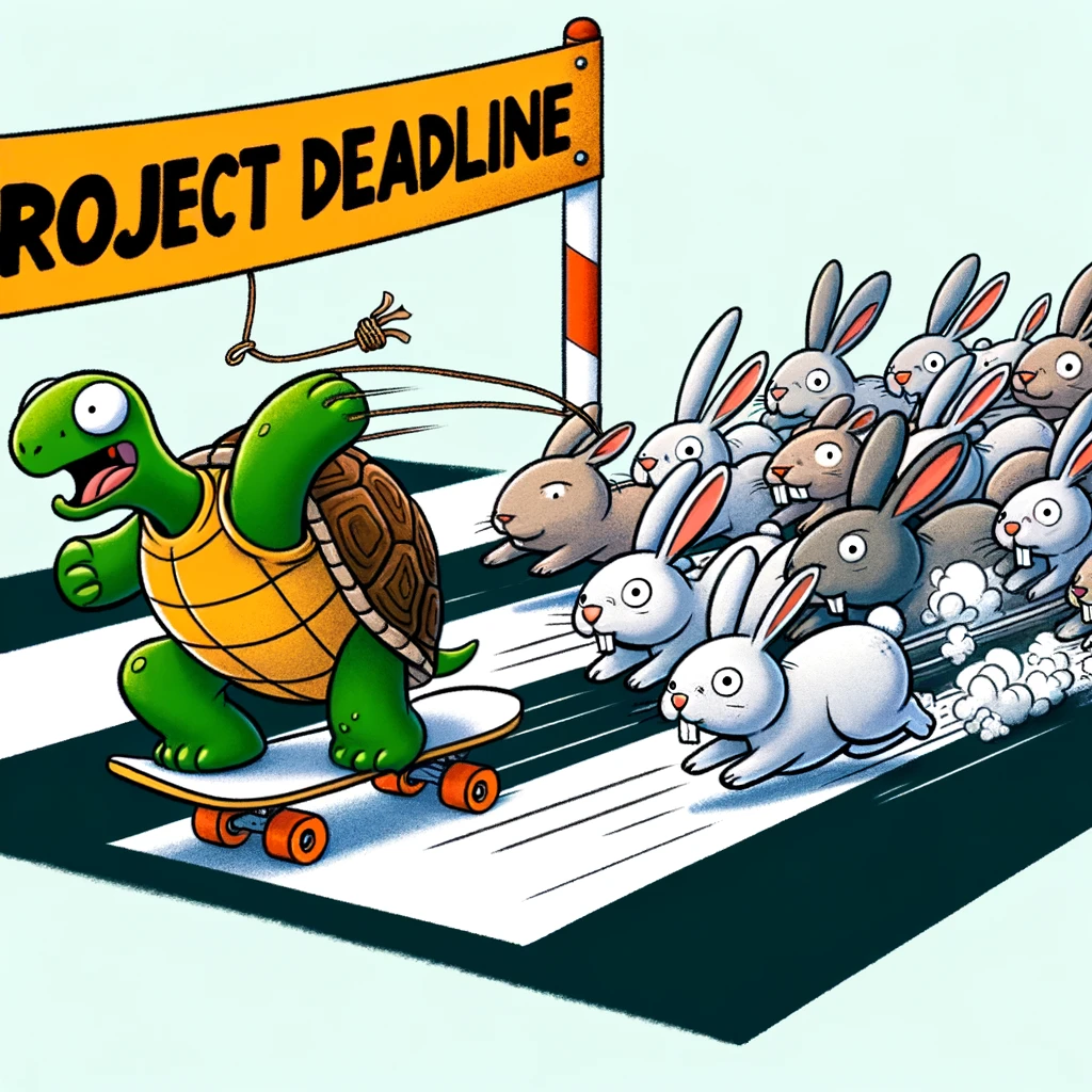 A cartoon turtle on a skateboard trying to race against rabbits, all heading towards a finish line marked 'Project Deadline'. The caption reads: "Trying to keep up with the pace."