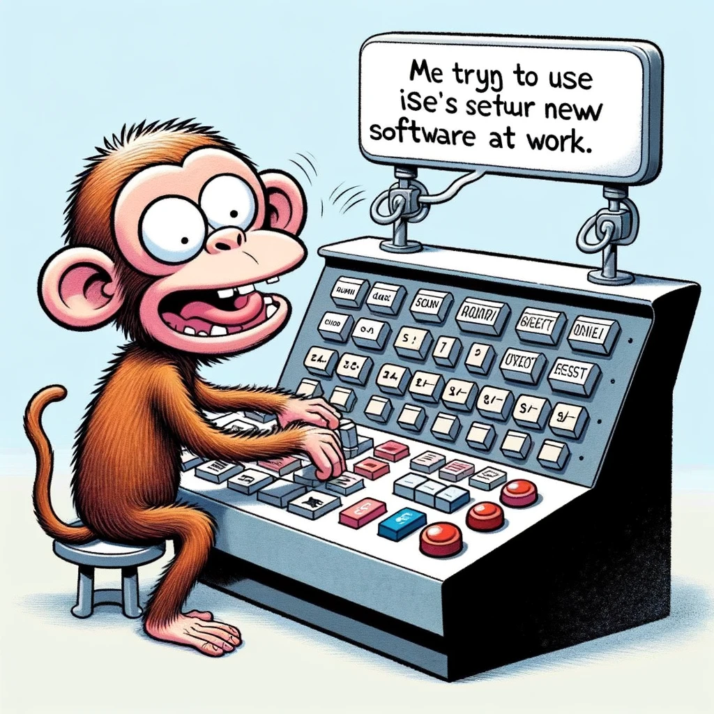 A cartoon monkey trying to operate a complex machine with buttons and levers, looking utterly baffled. The caption reads: "Me trying to use new software at work."