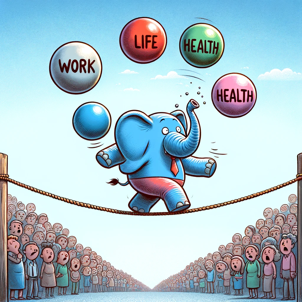 A cartoon elephant balancing on a tightrope, juggling work, life, and health balls, with a crowd watching anxiously below. The caption reads: "The balancing act of life."
