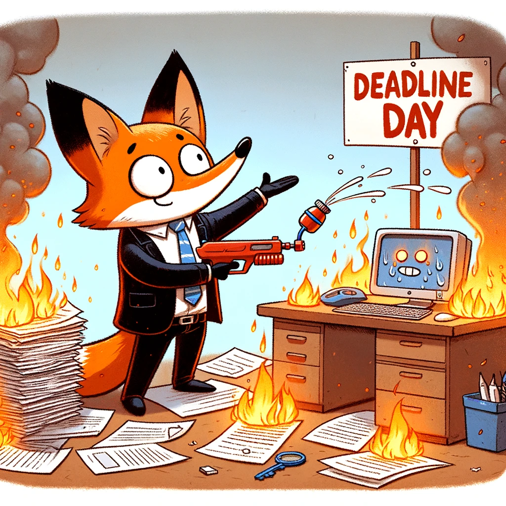 A cartoon fox in a suit, surrounded by burning papers and a computer on fire, trying to extinguish the flames with a tiny water gun. The caption reads: "Deadline day in the office."