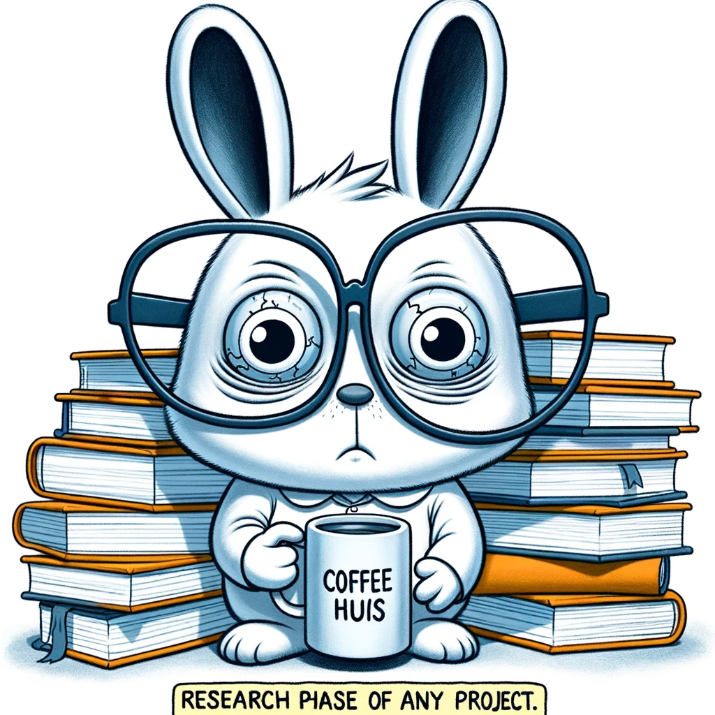 A cartoon rabbit with oversized glasses, surrounded by stacks of books and clutching a coffee mug, with dark circles under its eyes. The caption reads: "Research phase of any project."