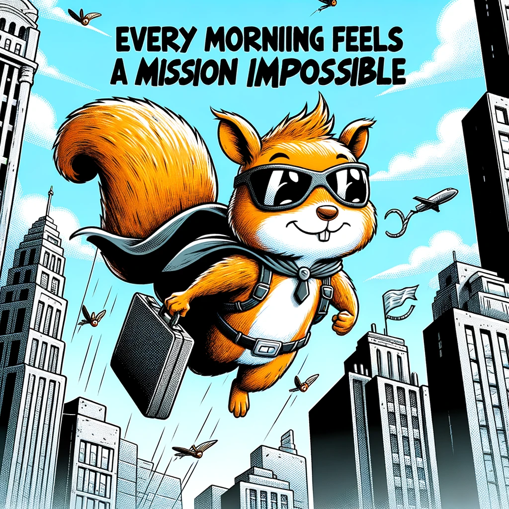 A cartoon squirrel with a superhero cape, flying over a cityscape with a briefcase, looking determined. The caption reads: "Every morning feels like a mission impossible."
