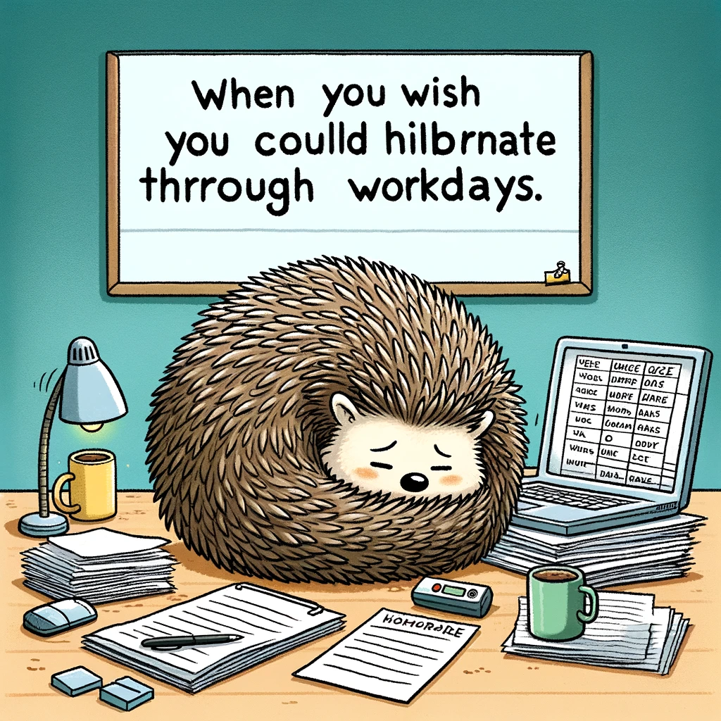 A cartoon hedgehog curled up in a ball on a desk full of paperwork, with a laptop displaying an endless to-do list. The caption reads: "When you wish you could hibernate through workdays."
