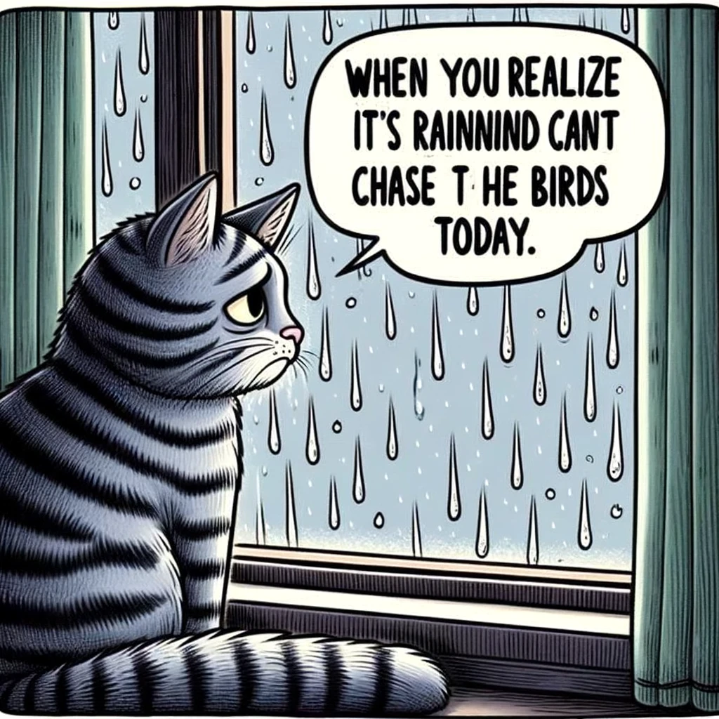 A cartoon image of a cat looking out a window with raindrops streaming down the glass. The cat looks disappointed, and the caption says, "When you realize it's raining and you can't chase the birds today."