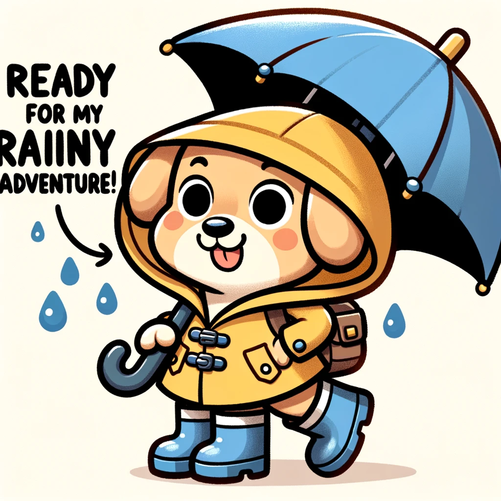 A cartoon image of a dog wearing a raincoat and boots, looking excited to walk outside. The dog is holding an umbrella with its mouth. The caption says, "Ready for my rainy adventure!"