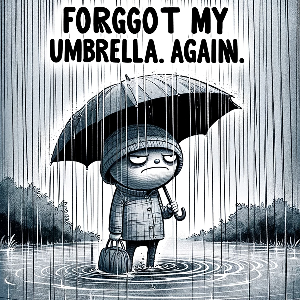 A humorous image of a person standing in the rain without an umbrella, completely soaked, with a grumpy expression. The caption says, "Forgot my umbrella. Again."