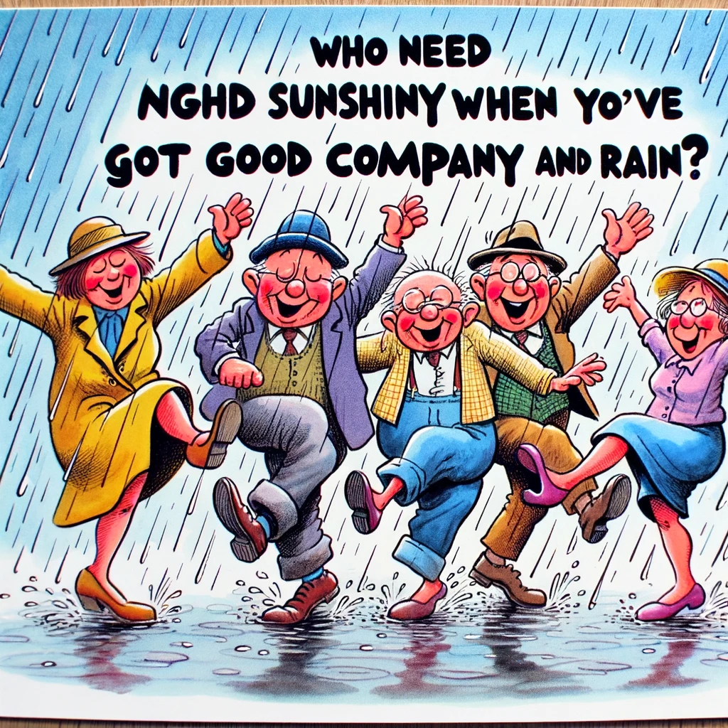 A cartoon scene of several people dancing in the rain, looking joyful and carefree. The caption says, "Who needs sunshine when you've got good company and rain?"