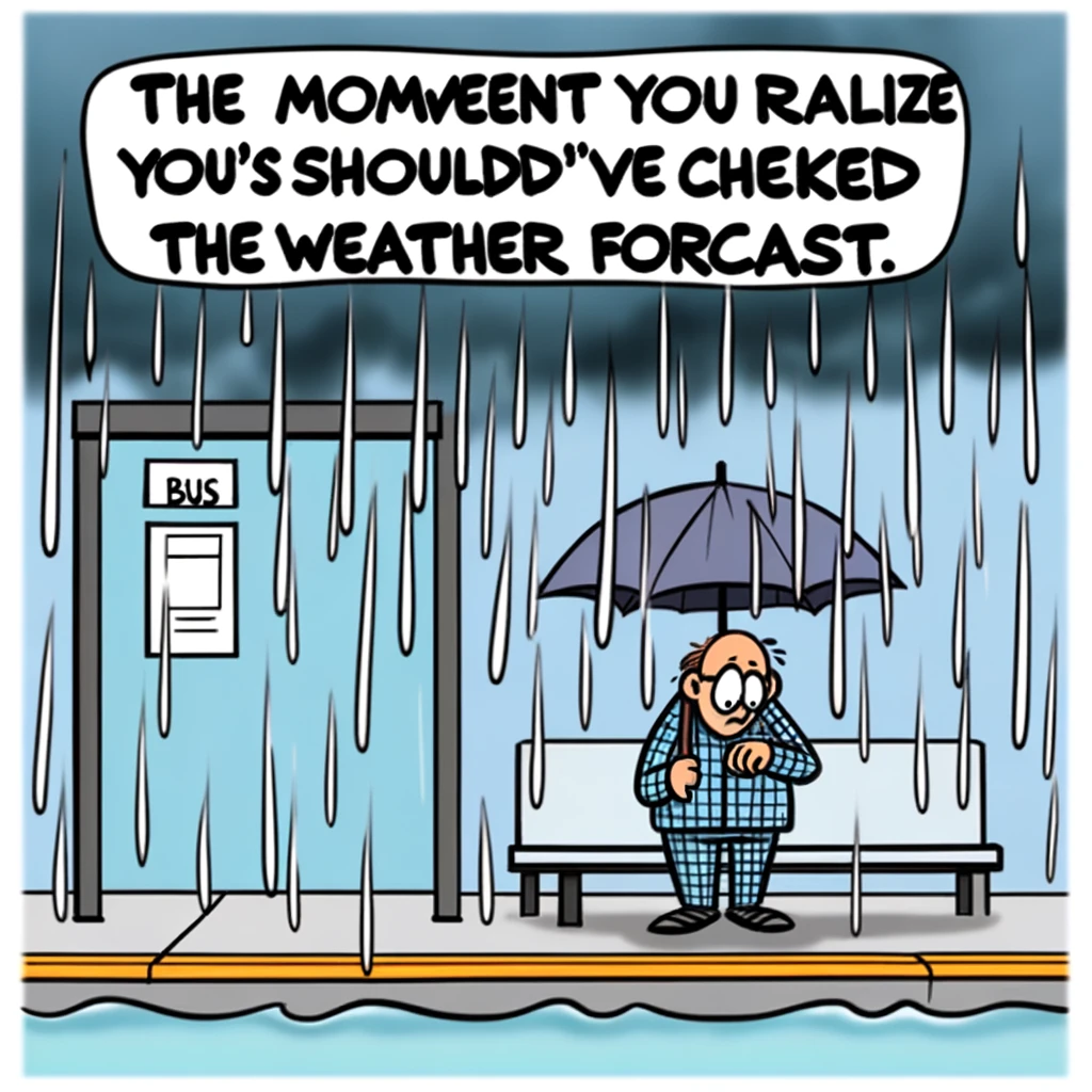 A cartoon of a person at a bus stop, looking impatiently at their watch under a small umbrella, while a torrential downpour surrounds them. The caption reads, "The moment you realize you should've checked the weather forecast."