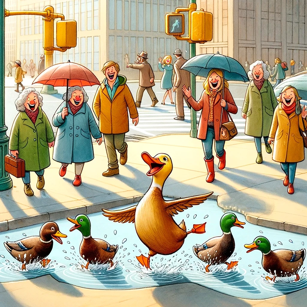 A whimsical image of a group of ducks happily splashing around in puddles on a city street, with people walking around them looking amused. The caption says, "Finally, some good weather!"