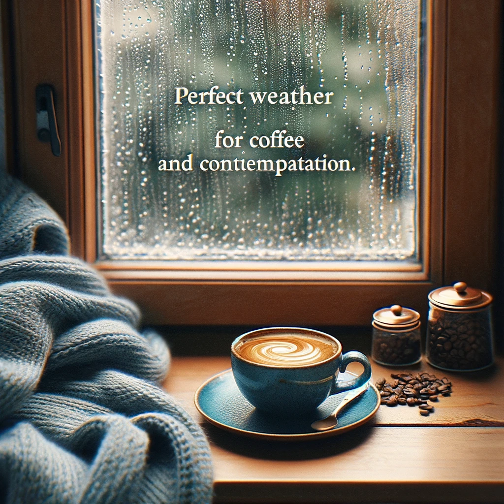 An animated image of a coffee cup on a window sill, with raindrops racing down the window. A cozy blanket is draped over the sill. The caption says, "Perfect weather for coffee and contemplation."