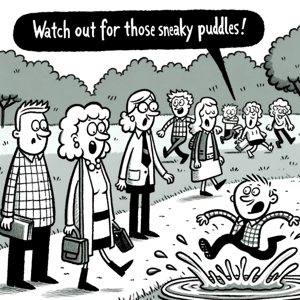 A funny cartoon of a group of people in a park, with one person accidentally stepping into a large puddle and splashing water everywhere. The others are trying not to laugh. The caption says, "Watch out for those sneaky puddles!"