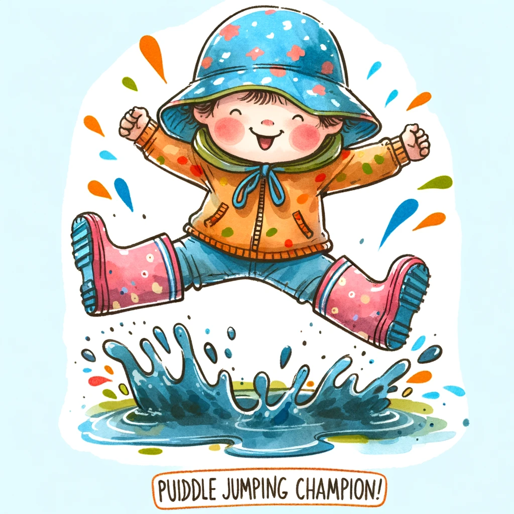 An illustration of a small child wearing oversized rain boots and a large hat, jumping joyfully into a puddle. The splash is exaggerated and colorful. The caption says, "Puddle jumping champion!"