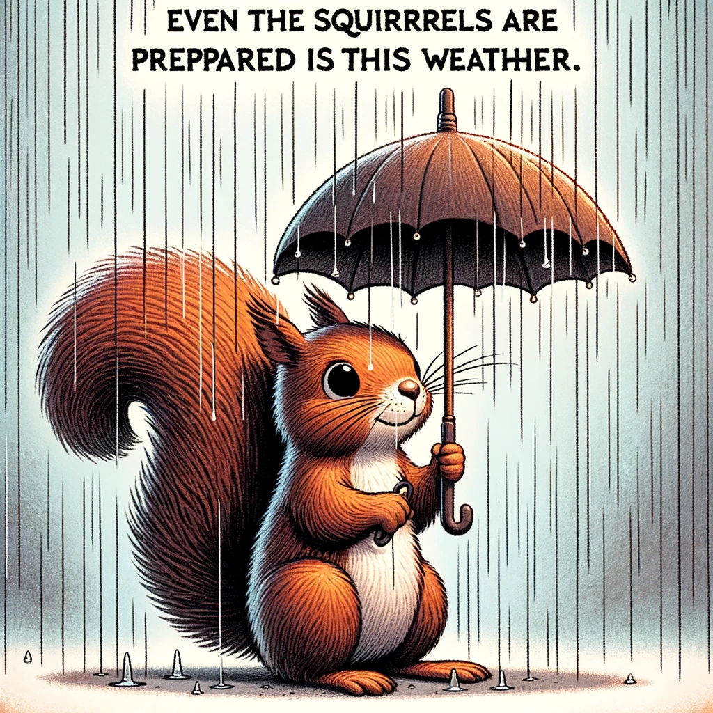 A comical image of a squirrel holding a tiny umbrella, standing on its hind legs, looking at the sky as rain falls. The caption reads, "Even the squirrels are prepared for this weather."