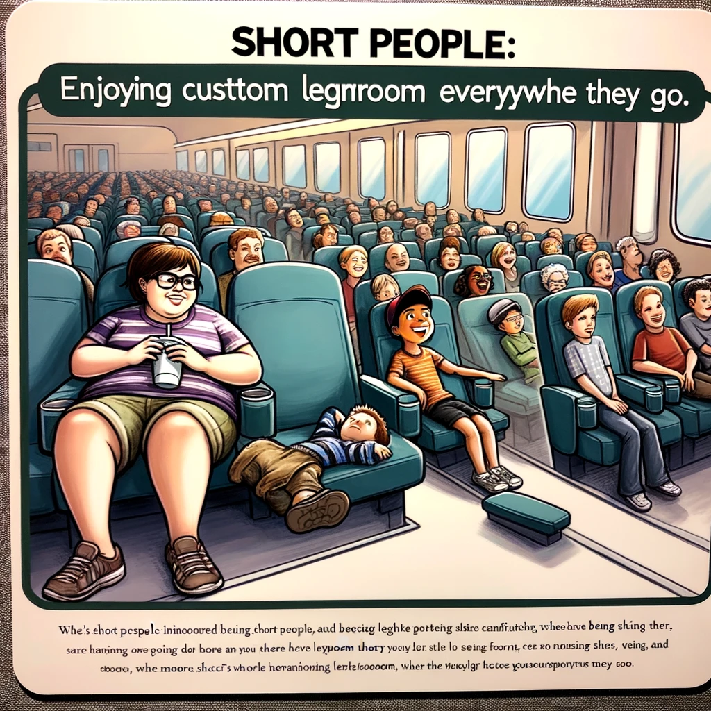 An image showing a short person with ample space in a theater, bus, or car seat, lounging comfortably, while taller folks look on enviously. The scene highlights the often overlooked benefit of being short: enjoying extra space where others might feel cramped. The short person is depicted in a relaxed pose, taking full advantage of the roomy situation, exuding a sense of comfort and ease. This visual celebrates the small victories of having more personal space in public settings, accompanied by the caption, 'Short People: Enjoying Custom Legroom Everywhere They Go,' capturing the joy and satisfaction derived from these moments.