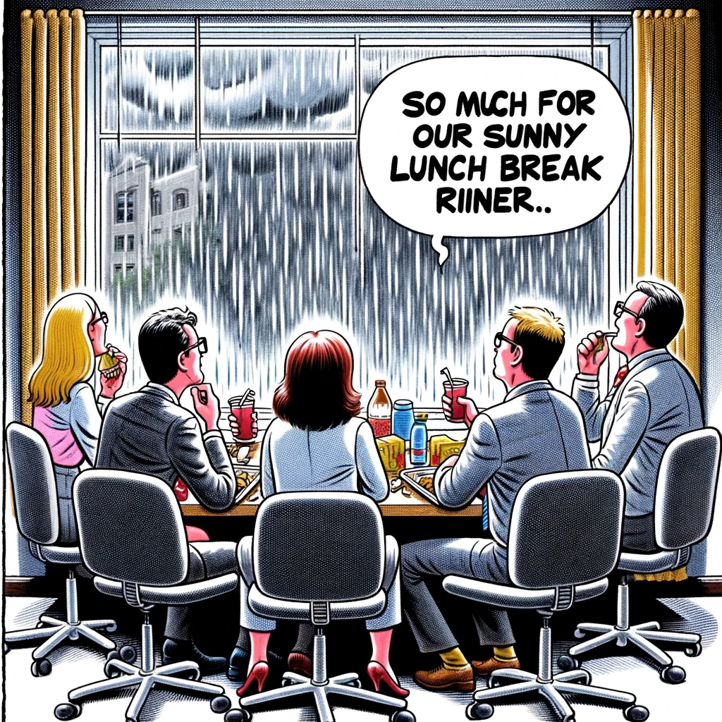A humorous illustration of a group of office workers staring out a window at the pouring rain, with their lunch plans ruined. The caption says, "So much for our sunny lunch break."