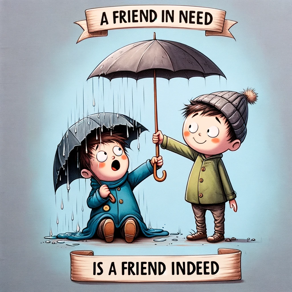 A cartoon image of two friends, one with a broken umbrella struggling to stay dry, and the other with a large, intact umbrella offering shelter. The caption reads, "A friend in need is a friend indeed."