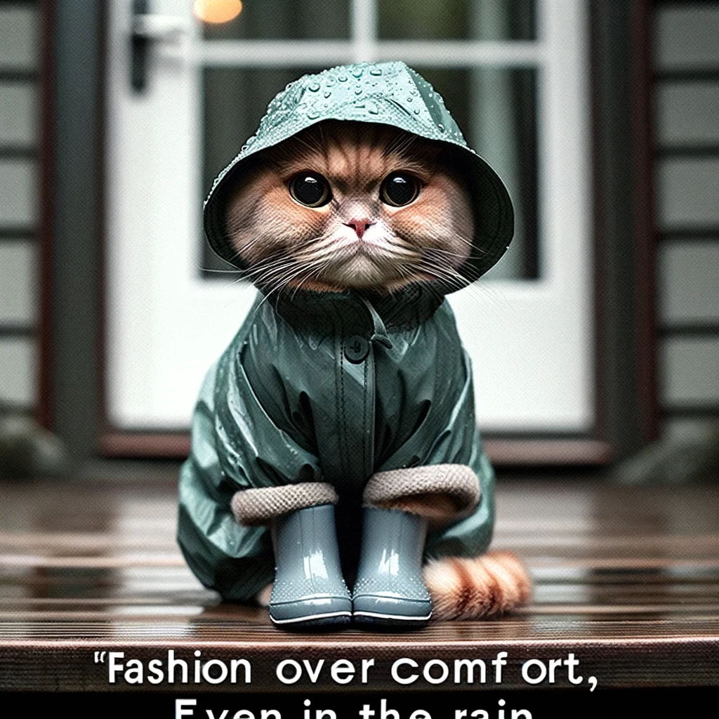 A funny image of a cat sitting snugly in a raincoat and hat, looking unamused by the rainy weather outside. The caption says, "Fashion over comfort, even in the rain."