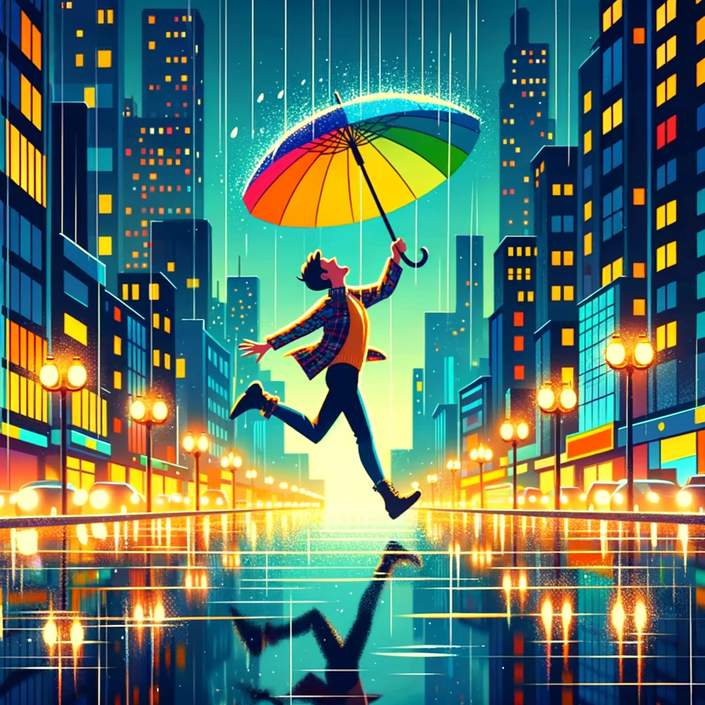 An animated image of a person joyfully skipping through the city streets under a colorful umbrella, with rain puddles reflecting the city lights. The caption reads, "Finding joy in the rainy cityscape."