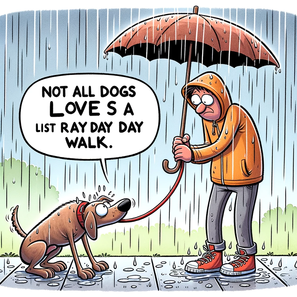 A playful cartoon of a man trying to walk his reluctant dog in the rain, with the dog stubbornly refusing to move from under the awning. The caption reads, "Not all dogs love a rainy day walk."