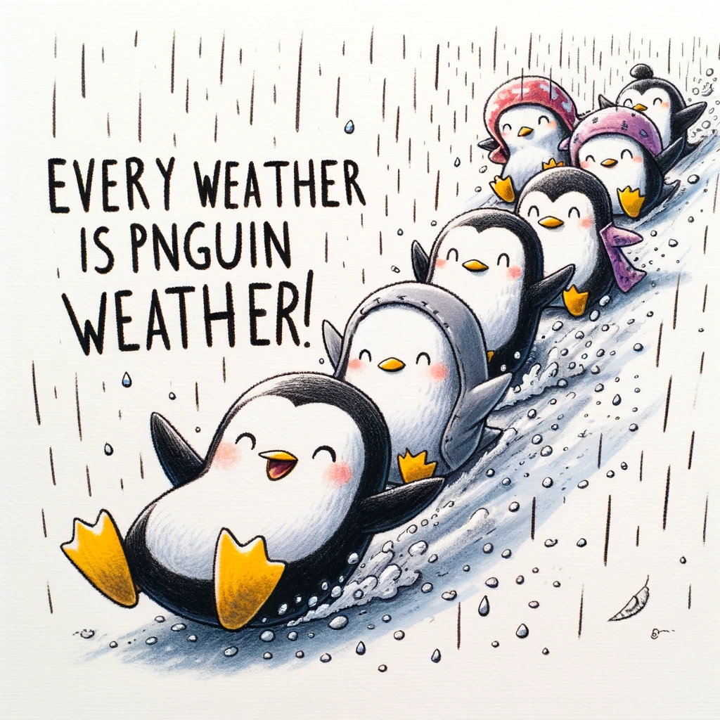 A whimsical drawing of a group of penguins enjoying a rainy day, sliding down a hill on their bellies. The caption reads, "Every weather is penguin weather!"