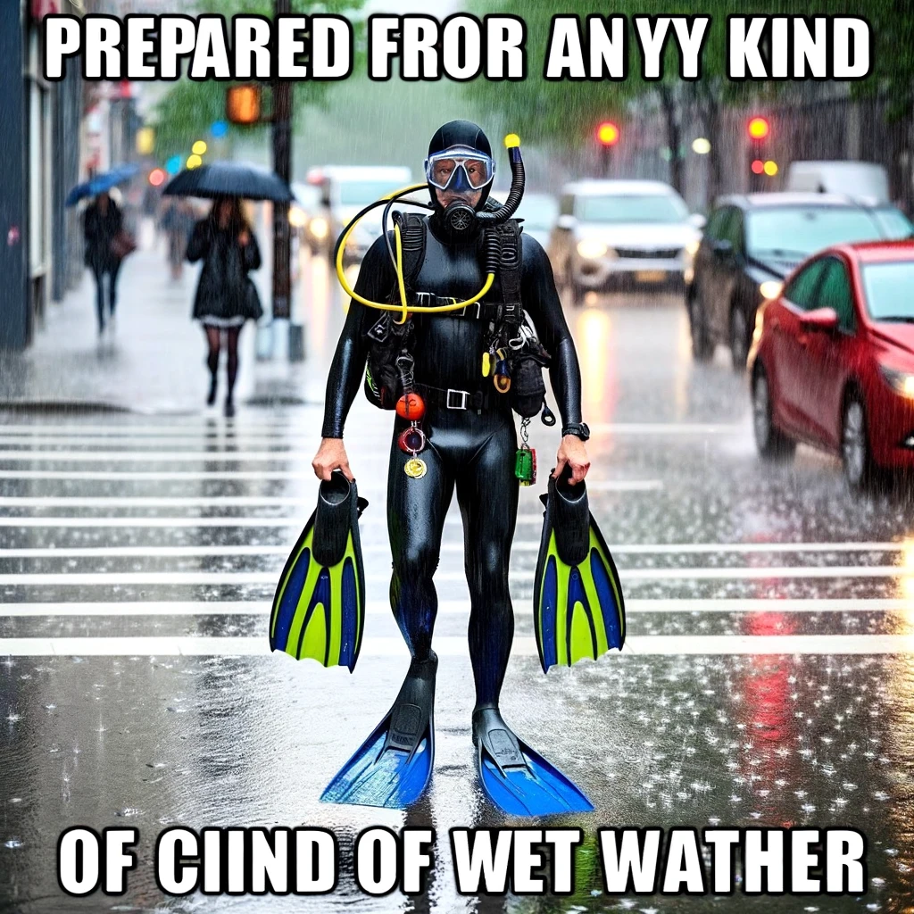 A funny image of a person wearing a full scuba diving outfit, including mask and flippers, walking down a city street in the rain. The caption says, "Prepared for any kind of wet weather."