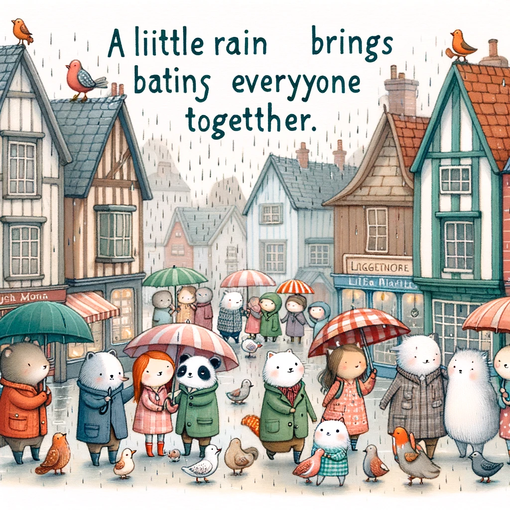 A charming illustration of a small town street scene during a rain shower, with various animals and people sharing umbrellas and smiling. The caption reads, "A little rain brings everyone together."