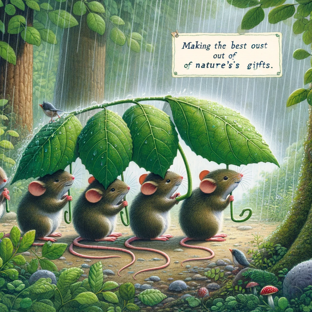 A whimsical image of a group of mice using leaves as umbrellas during a gentle rain shower. The scene is set in a lush, green forest. The caption says, "Making the best out of nature's gifts."