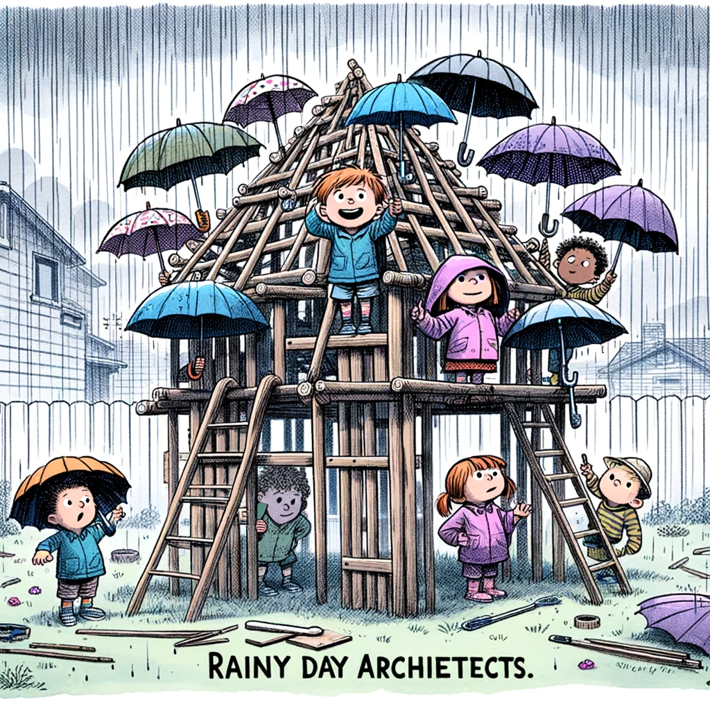 A humorous cartoon of a group of children building an elaborate fort out of umbrellas during a rainstorm. The fort is in their backyard, and they are all looking proud of their construction. The caption reads, "Rainy day architects."