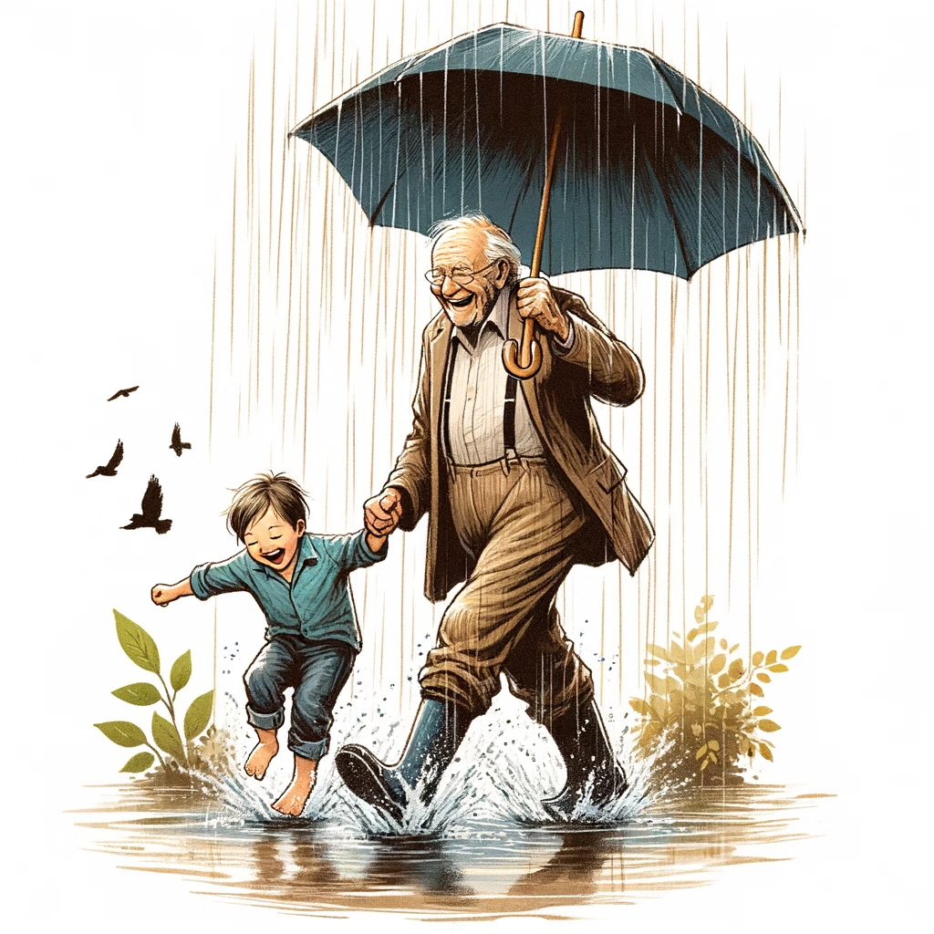 An illustration of an old man and a young child walking in the rain, sharing a large umbrella. The child is jumping into puddles, and the old man is laughing. The scene conveys warmth and joy. The caption says, "Generations finding joy in the rain."