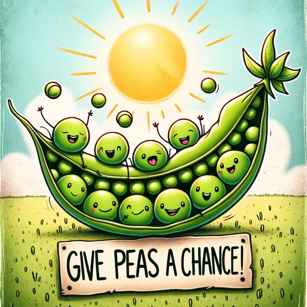 A whimsical drawing of a pea pod opening with peas jumping out, all with happy faces. The caption underneath says, "Give peas a chance!". The background is a sunny, grassy field, emphasizing a peaceful and happy vegan lifestyle. The artwork is designed to be cheerful and inviting.